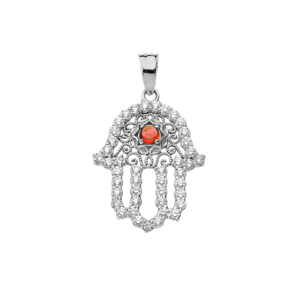 Diamond Studded Gold Filigree Genuine Garnet Hamsa Charm Necklace (10k, 14k, yellow, white, rose gold) Karma Blingz