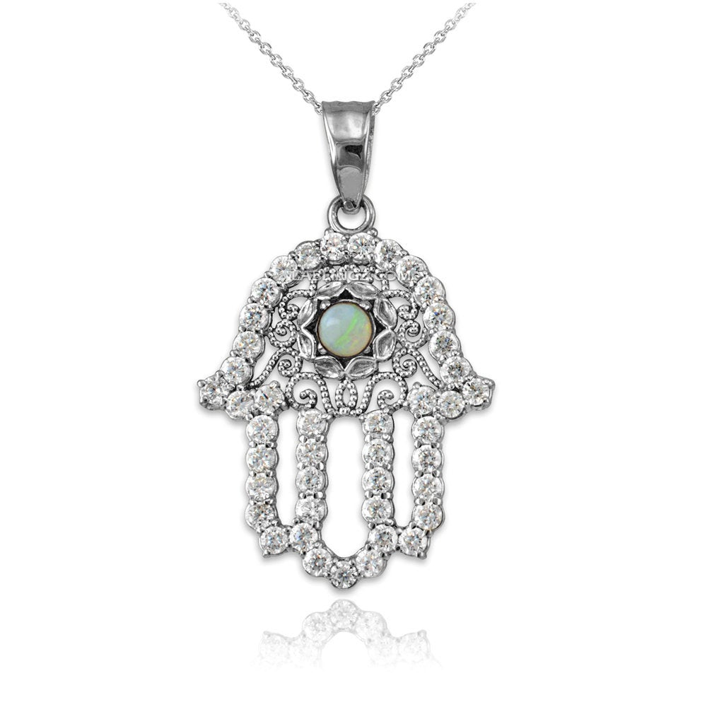 Diamond Studded Gold Filigree White Opal Hamsa Charm Necklace (10k, 14k, yellow, white, rose gold) Karma Blingz