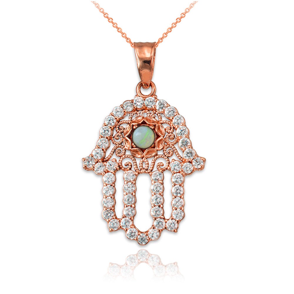 Diamond Studded Gold Filigree White Opal Hamsa Charm Necklace (10k, 14k, yellow, white, rose gold) Karma Blingz