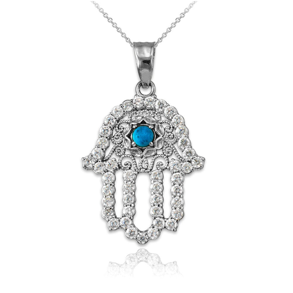 Diamond Studded Gold Filigree Turquoise Hamsa Charm Necklace (10k, 14k, yellow, white, rose gold) Karma Blingz