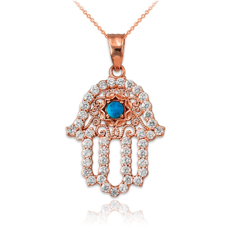 Diamond Studded Gold Filigree Turquoise Hamsa Charm Necklace (10k, 14k, yellow, white, rose gold) Karma Blingz