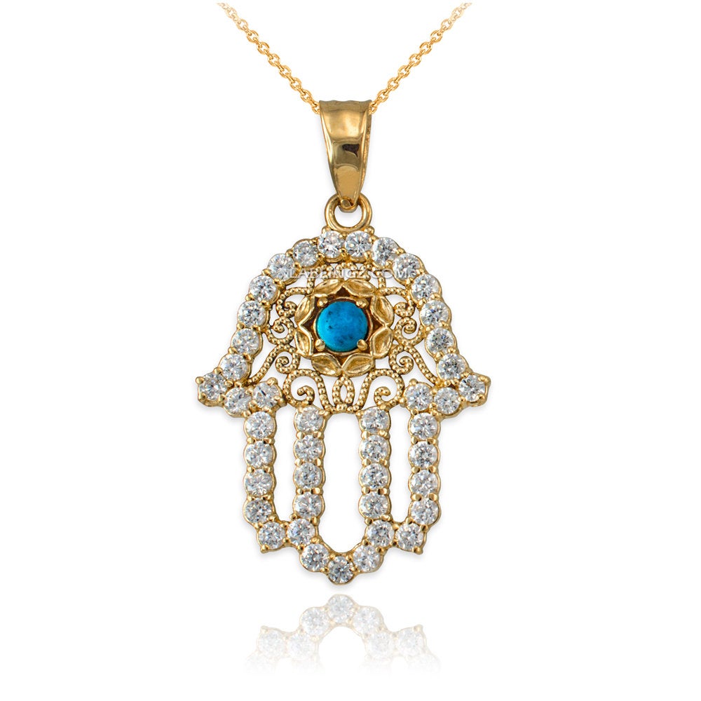 Diamond Studded Gold Filigree Turquoise Hamsa Charm Necklace (10k, 14k, yellow, white, rose gold) Karma Blingz