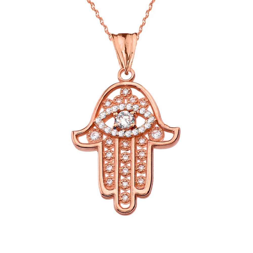 Diamond Studded Gold Hamsa Evil Eye Pendant Necklace (10k, 14k, yellow, white, rose gold) Karma Blingz