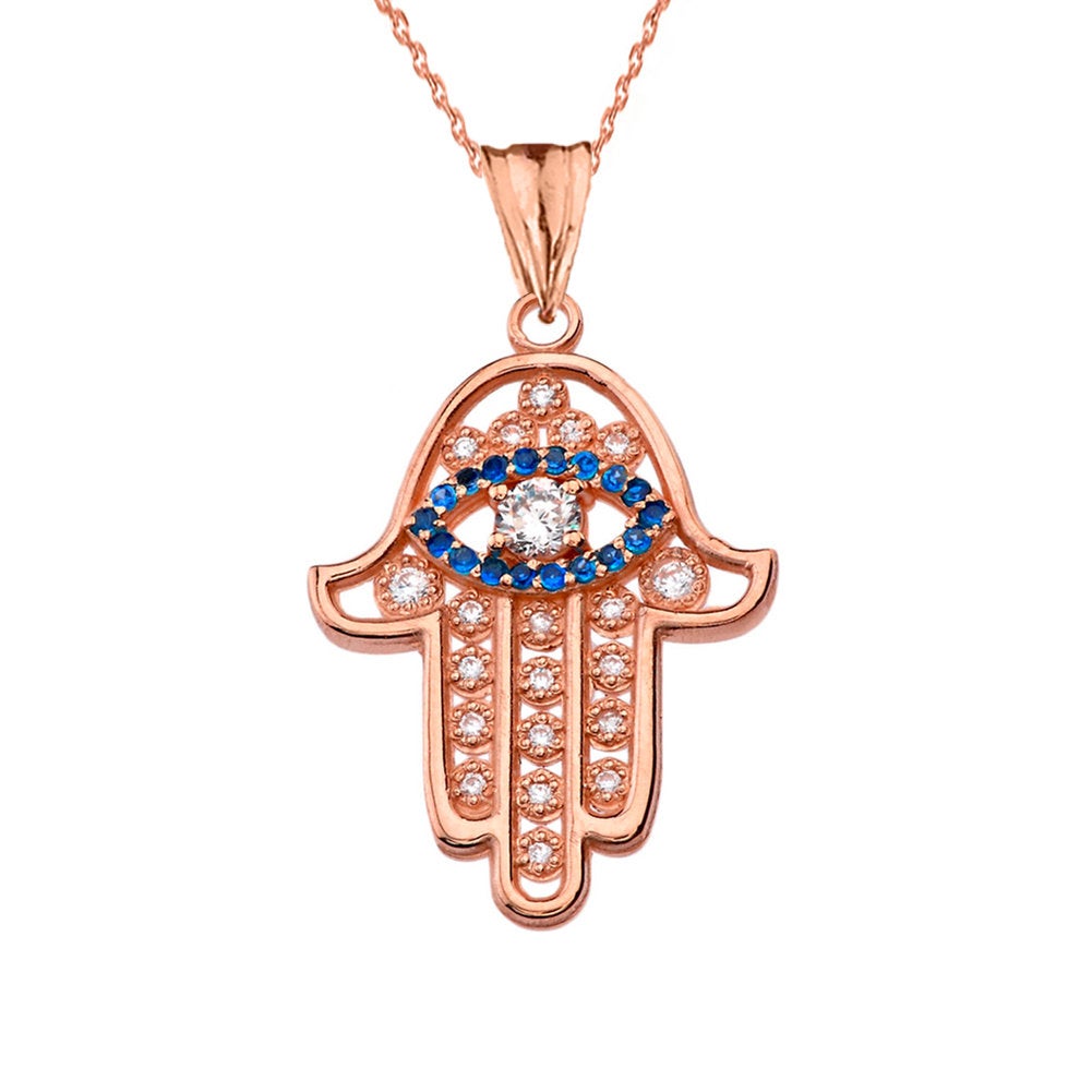 Diamond Studded Gold Hamsa Blue Sapphire Evil Eye Pendant Necklace (10k, 14k, yellow, white, rose gold) Karma Blingz