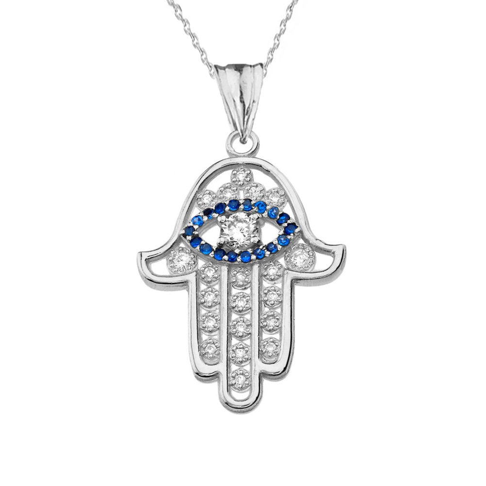 Diamond Studded Gold Hamsa Blue Sapphire Evil Eye Pendant Necklace (10k, 14k, yellow, white, rose gold) Karma Blingz