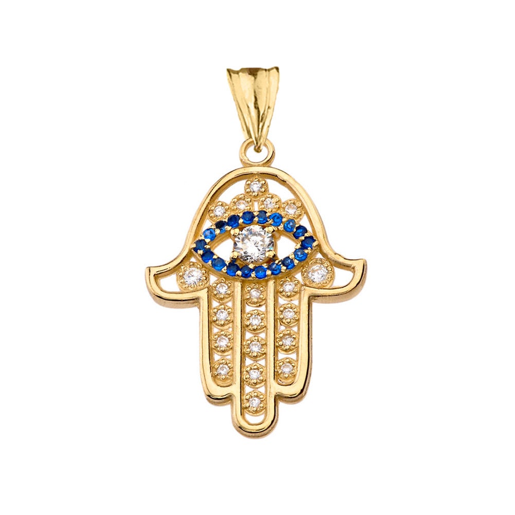 Diamond Studded Gold Hamsa Blue Sapphire Evil Eye Pendant Necklace (10k, 14k, yellow, white, rose gold) Karma Blingz