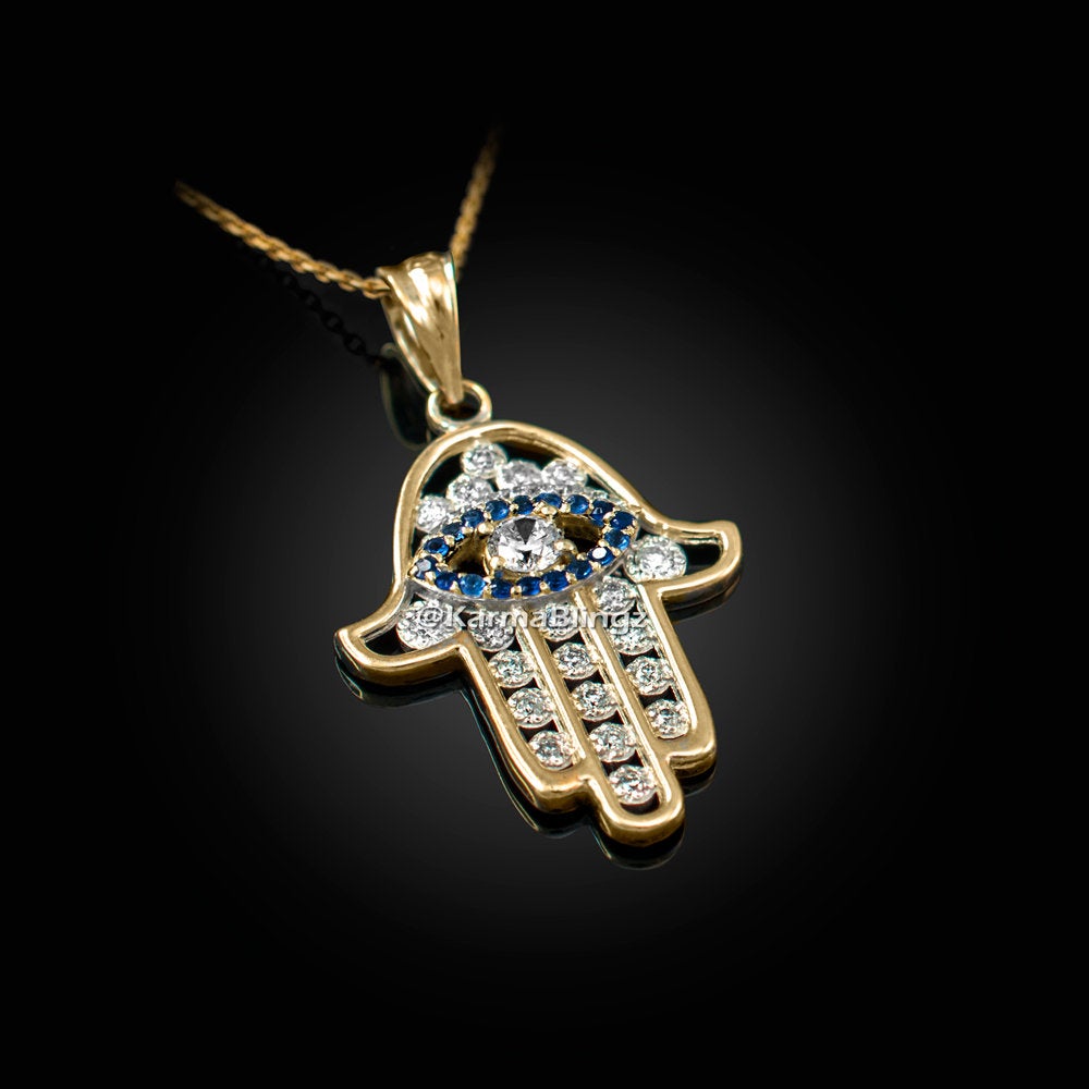 Diamond Studded Gold Hamsa Blue Sapphire Evil Eye Pendant Necklace (10k, 14k, yellow, white, rose gold) Karma Blingz