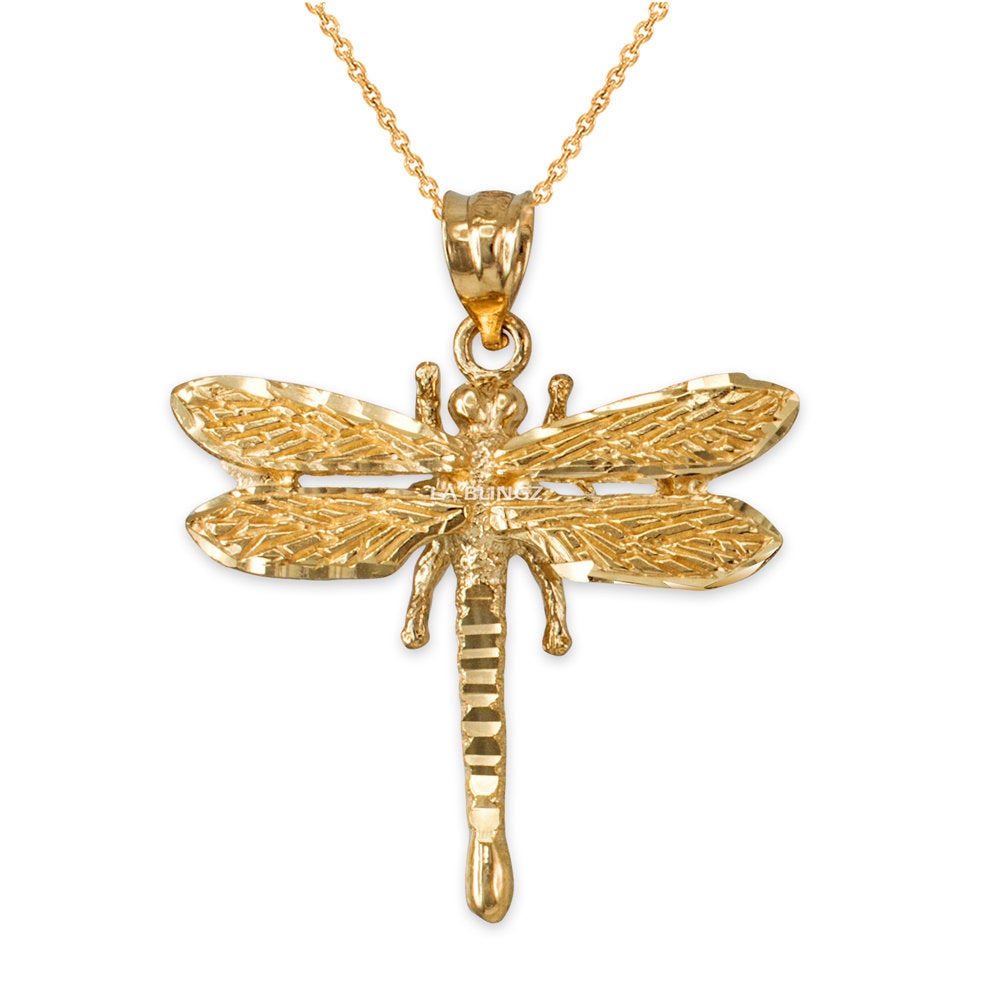 Solid Gold Dragonfly DC Pendant Necklace (10K, 14K, yellow, white, rose gold) Karma Blingz