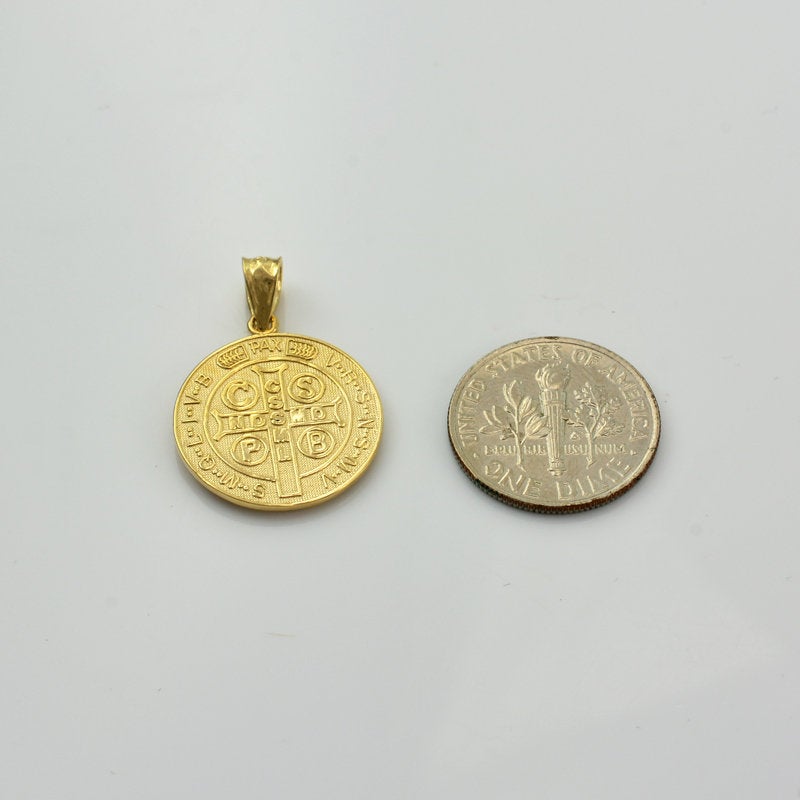 Solid Gold St. Benedict Reversible Medallion Charm Necklace (yellow, white, rose gold, 10k, 14k,) Karma Blingz