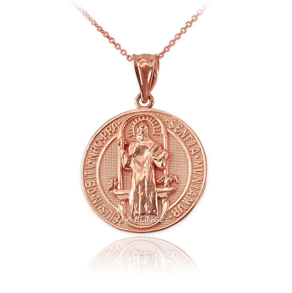 Solid Gold St. Benedict Reversible Medallion Charm Necklace (yellow, white, rose gold, 10k, 14k,) Karma Blingz