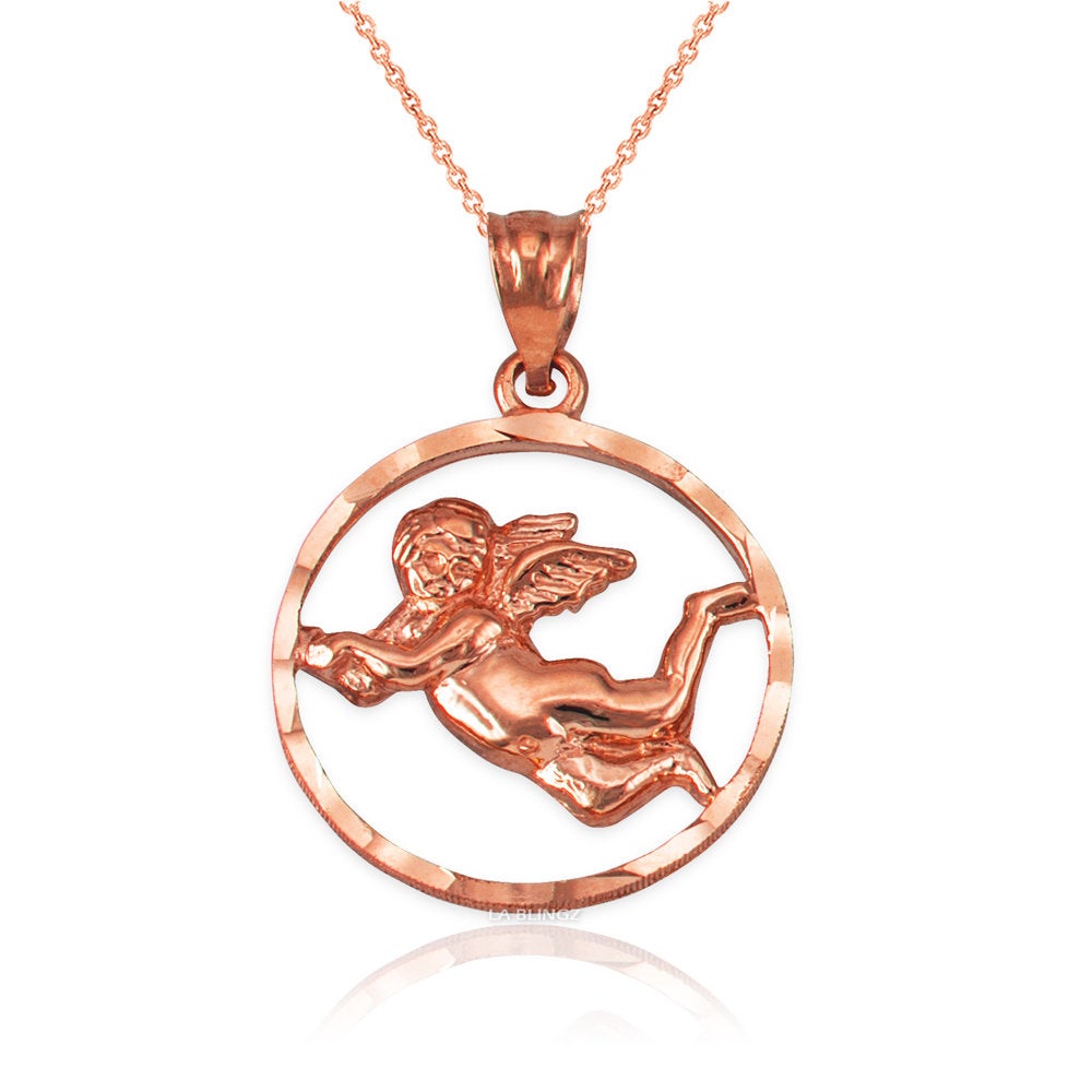 Gold Flying Angel Round DC Pendant Necklace (10K, 14K, yellow, white, rose gold) Karma Blingz