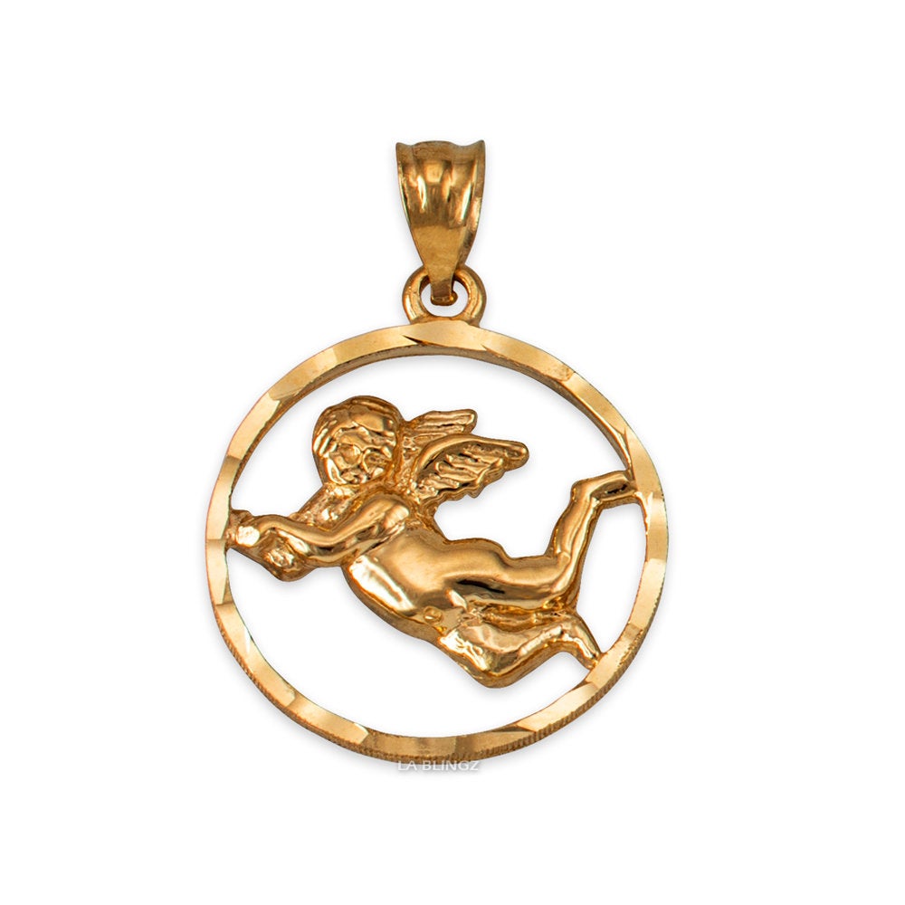 Gold Flying Angel Round DC Pendant Necklace (10K, 14K, yellow, white, rose gold) Karma Blingz