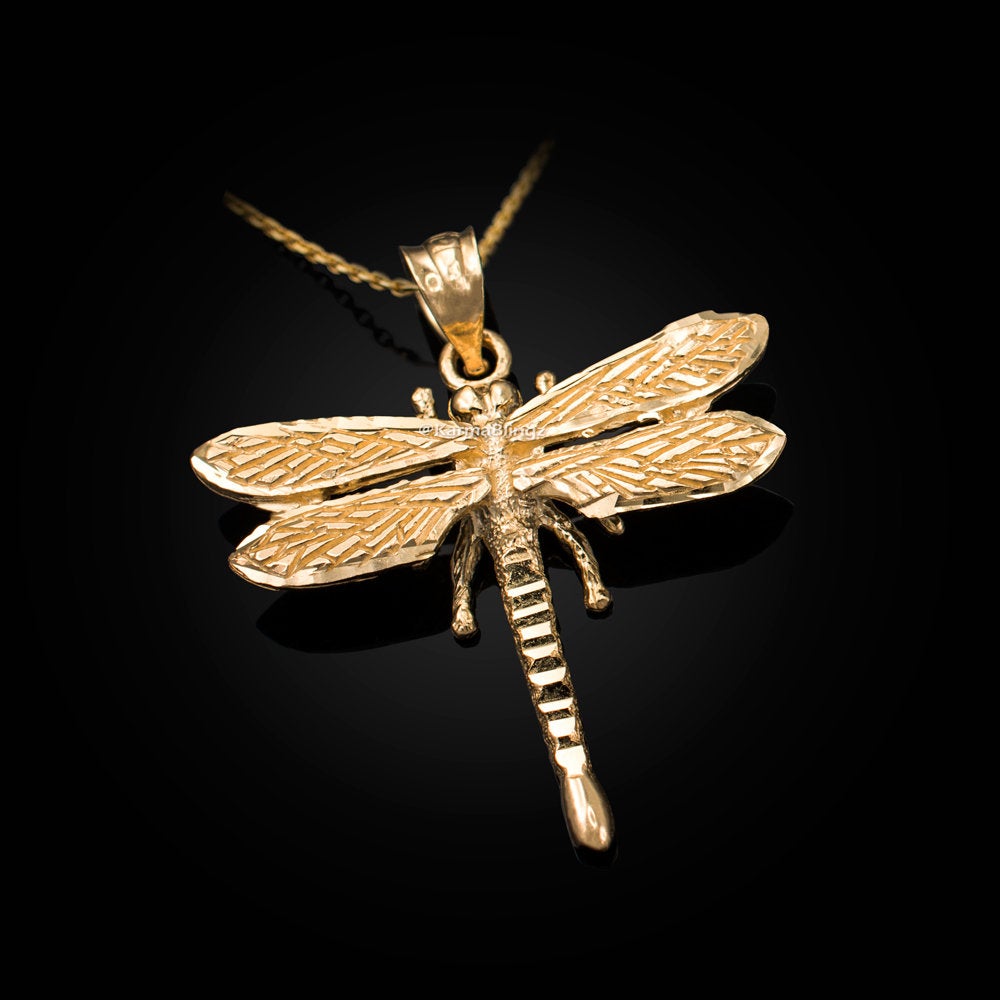 Solid Gold Dragonfly DC Pendant Necklace (10K, 14K, yellow, white, rose gold) Karma Blingz