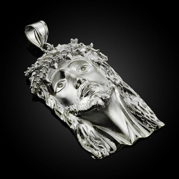 Sterling Silver Jesus Face Mens Large CZ Pendant Karma Blingz