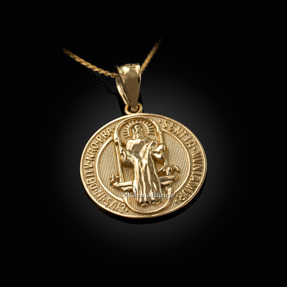 Solid Gold St. Benedict Reversible Medallion Charm Necklace (yellow, white, rose gold, 10k, 14k,) Karma Blingz