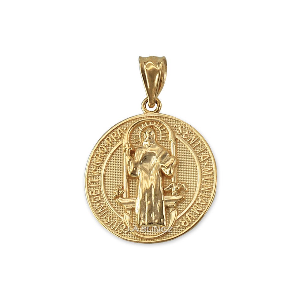 Solid Gold St. Benedict Reversible Medallion Charm Necklace (yellow, white, rose gold, 10k, 14k,) Karma Blingz