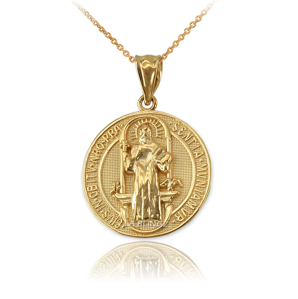 Solid Gold St. Benedict Reversible Medallion Charm Necklace (yellow, white, rose gold, 10k, 14k,) Karma Blingz