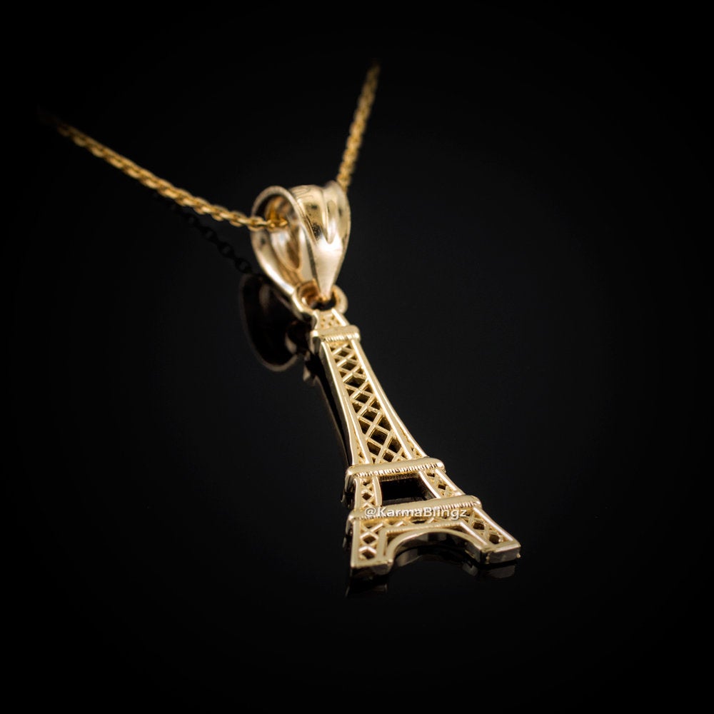 Gold Paris Eiffel Tower Charm Necklace (yellow, white, rose gold, 10k, 14k) Karma Blingz