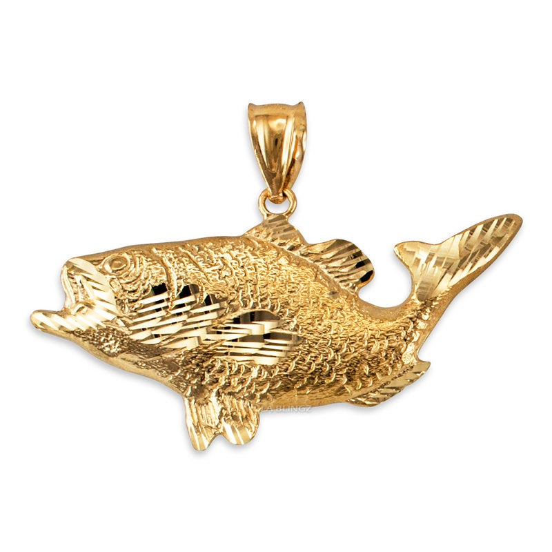 Gold DC Textured Sea Bass Fish Pendant (yellow, white, rose gold, 10k, 14k) Karma Blingz