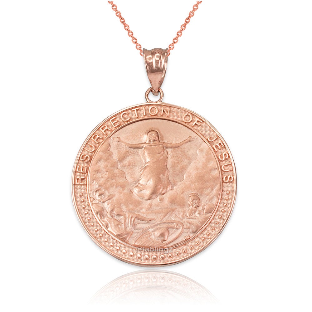Gold Resurrection of Jesus Round Medallion Pendant Necklace (yellow, white, rose gold, 10k, 14k) Karma Blingz