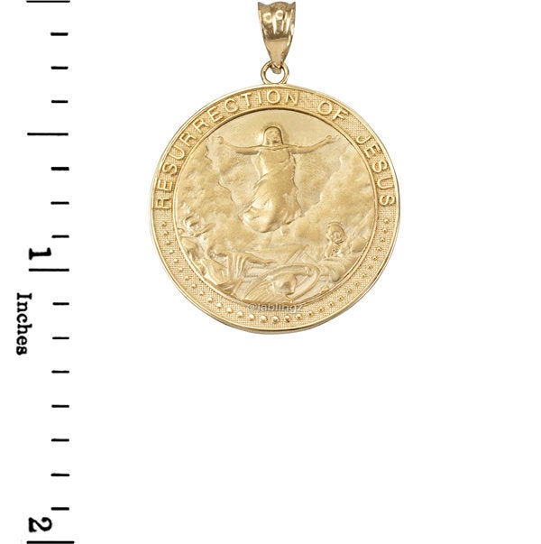 Gold Resurrection of Jesus Round Medallion Pendant Necklace (yellow, white, rose gold, 10k, 14k) Karma Blingz