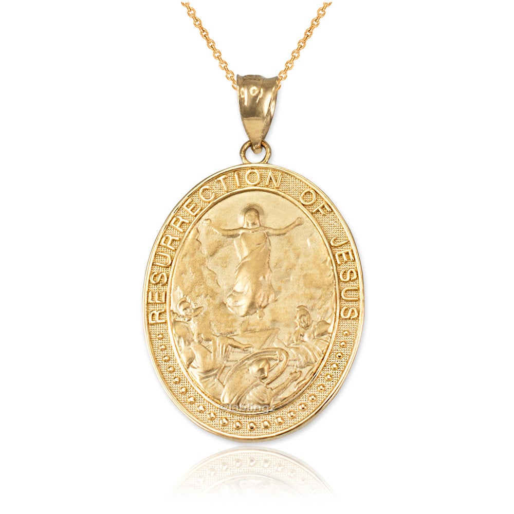 Gold Resurrection of Jesus Oval Medallion Pendant Necklace (yellow, white, rose gold, 10k, 14k) Karma Blingz