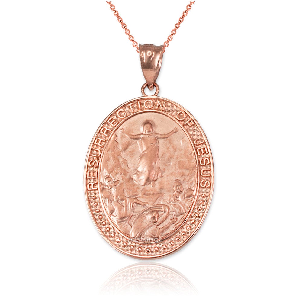 Gold Resurrection of Jesus Oval Medallion Pendant Necklace (yellow, white, rose gold, 10k, 14k) Karma Blingz
