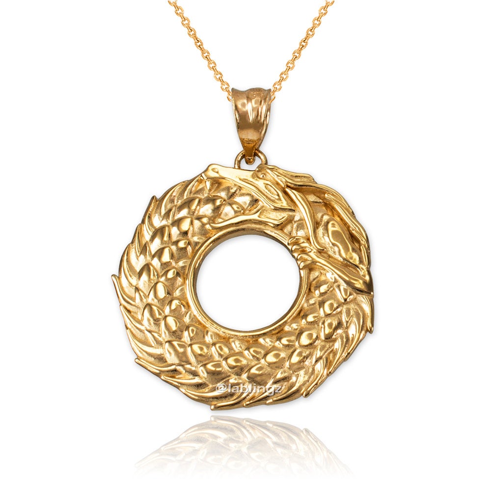 Gold Ouroboros Dragon Pendant Necklace (yellow, white, rose gold, 10k, 14k) Karma Blingz