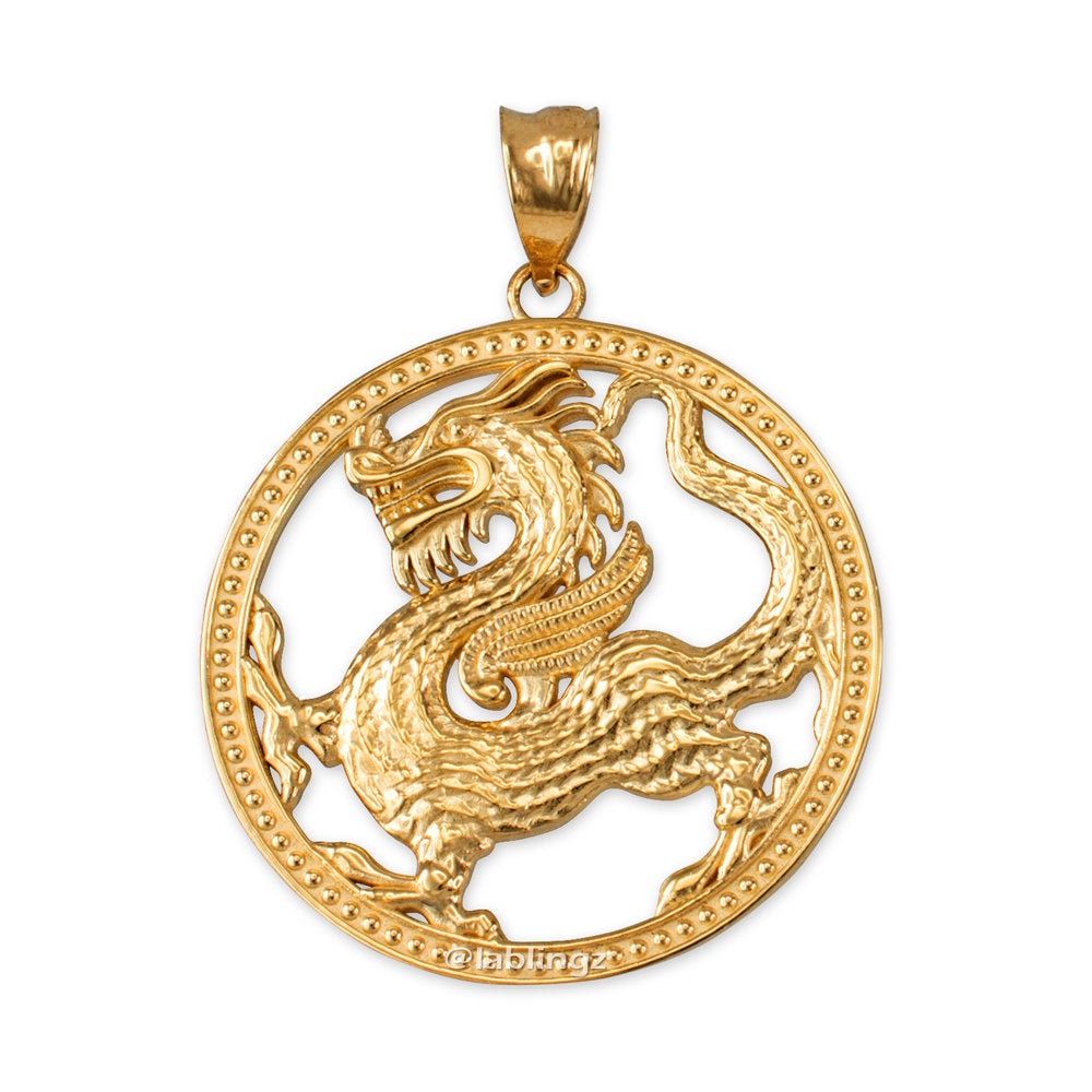 Gold Chinese Dragon Open Medallion Pendant Necklace (yellow, white, rose gold, 10k, 14k) Karma Blingz