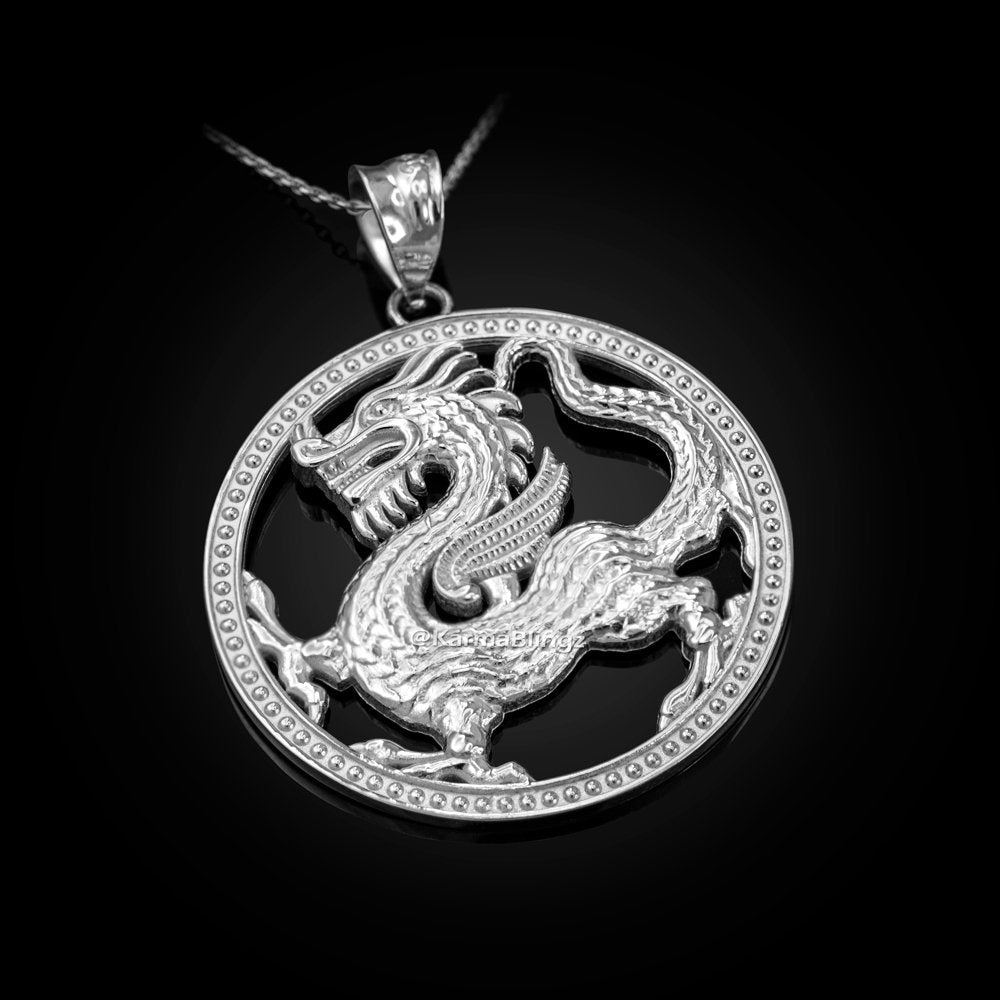 Sterling Silver Chinese Dragon Open Medallion Pendant Necklace Karma Blingz