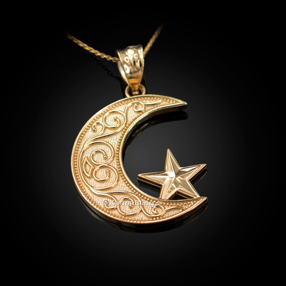 Gold Islamic Crescent Moon Pendant Necklace (yellow, white, rose gold, 10k, 14k) Karma Blingz