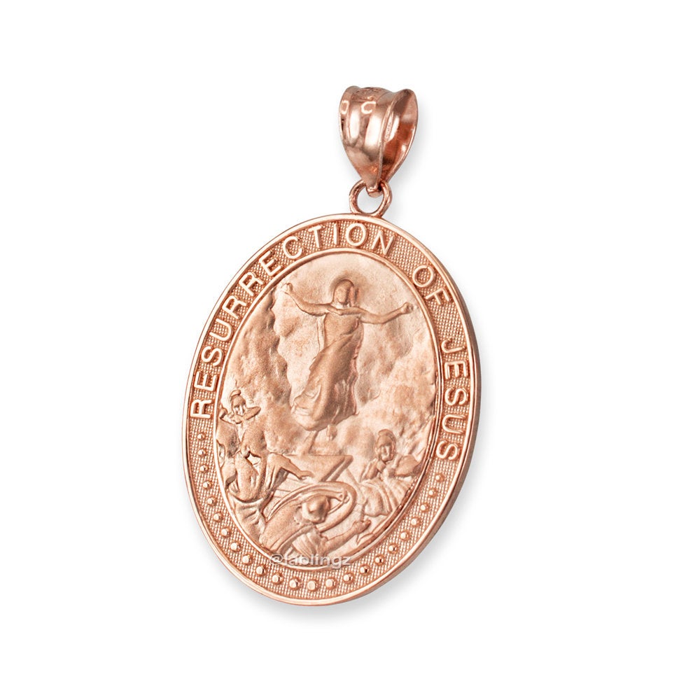 Gold Resurrection of Jesus Oval Medallion Pendant Necklace (yellow, white, rose gold, 10k, 14k) Karma Blingz