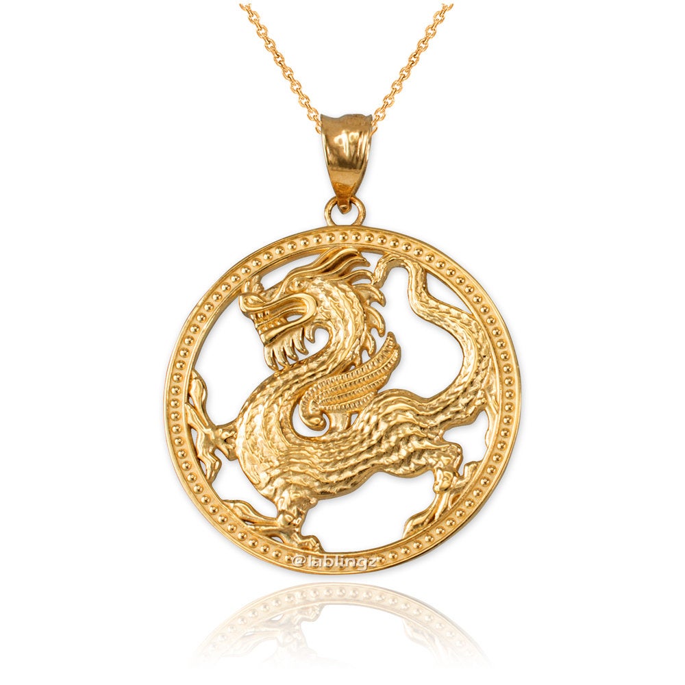 Gold Chinese Dragon Open Medallion Pendant Necklace (yellow, white, rose gold, 10k, 14k) Karma Blingz
