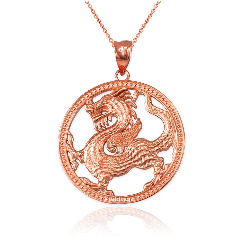 Gold Chinese Dragon Open Medallion Pendant Necklace (yellow, white, rose gold, 10k, 14k) Karma Blingz
