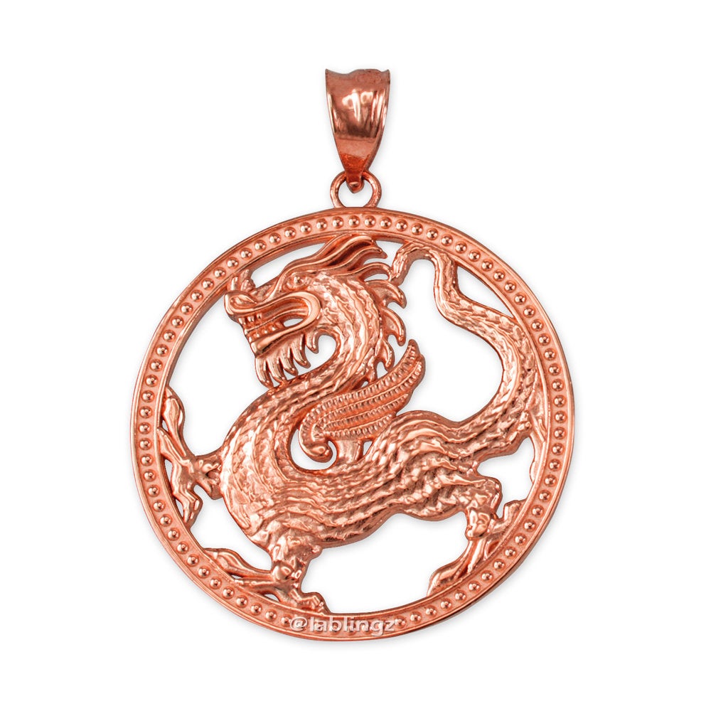 Gold Chinese Dragon Open Medallion Pendant Necklace (yellow, white, rose gold, 10k, 14k) Karma Blingz