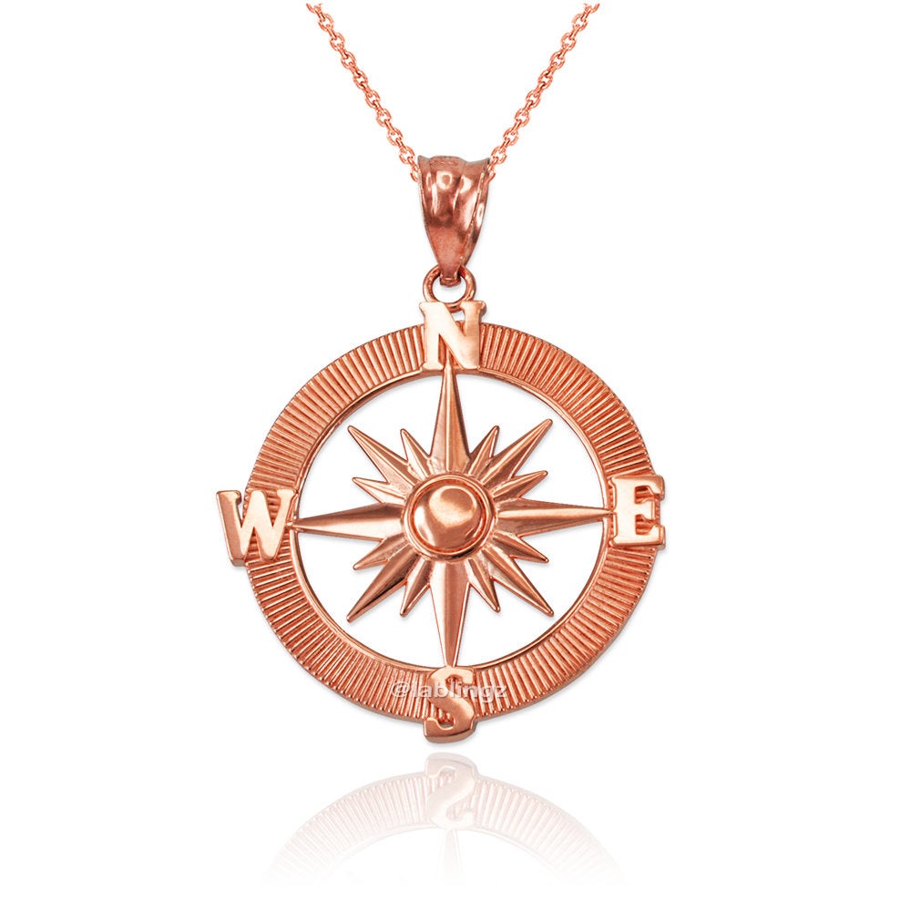 Gold Compass Pendant Necklace (yellow, white, rose gold, 10k, 14k) Karma Blingz