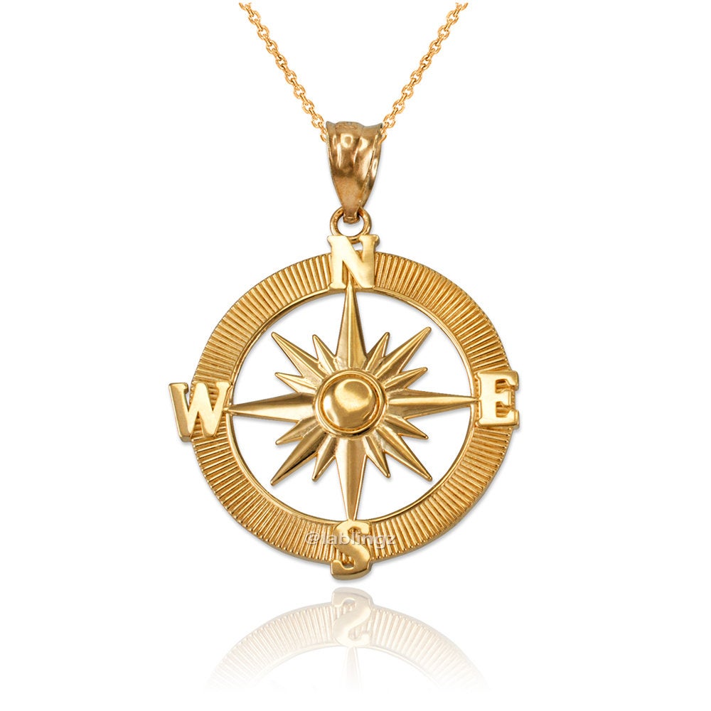 Gold Compass Pendant Necklace (yellow, white, rose gold, 10k, 14k) Karma Blingz