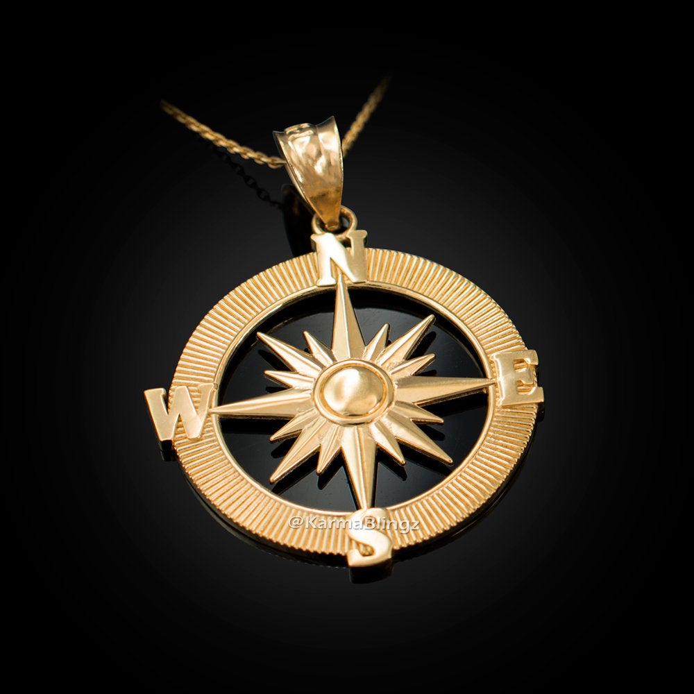 Gold Compass Pendant Necklace (yellow, white, rose gold, 10k, 14k) Karma Blingz