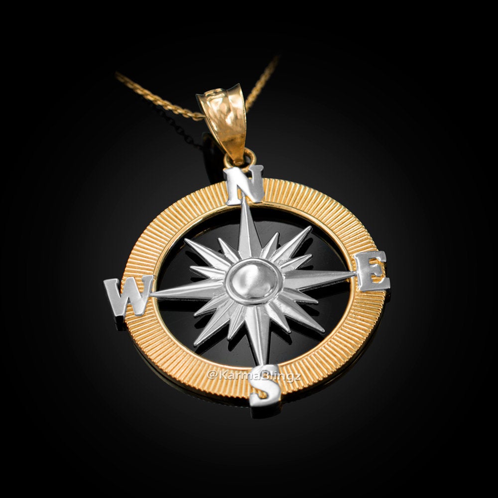 Gold Compass Pendant Necklace (yellow, white, rose gold, 10k, 14k) Karma Blingz