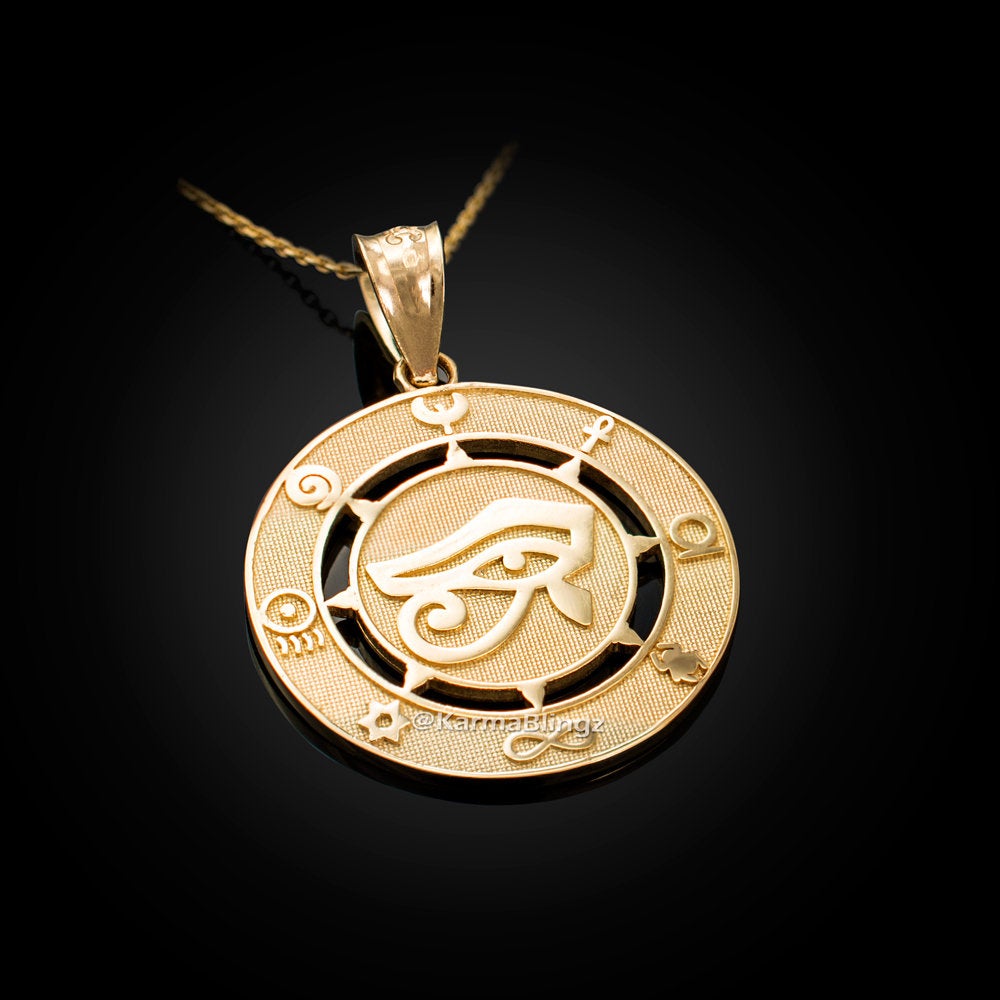 Gold Egyptian Eye of Ra Amulet Pendant Necklace (yellow, white, rose gold, 10k, 14k) Karma Blingz