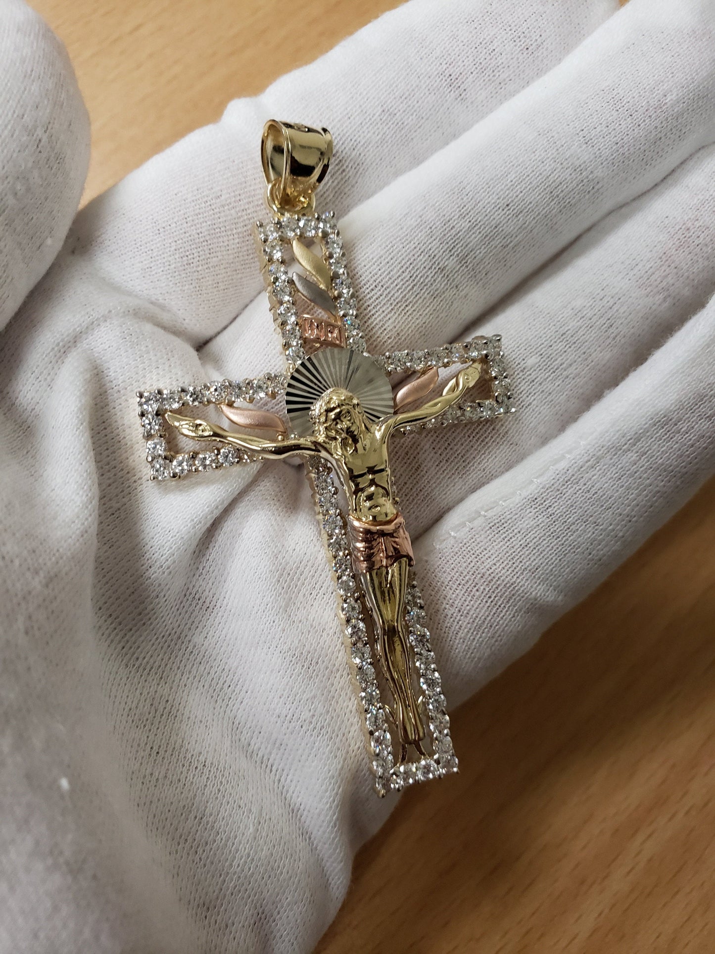 Tri-Tone Gold CZ Jesus Crucifix Mens Pendant (10k, 14k) Karma Blingz