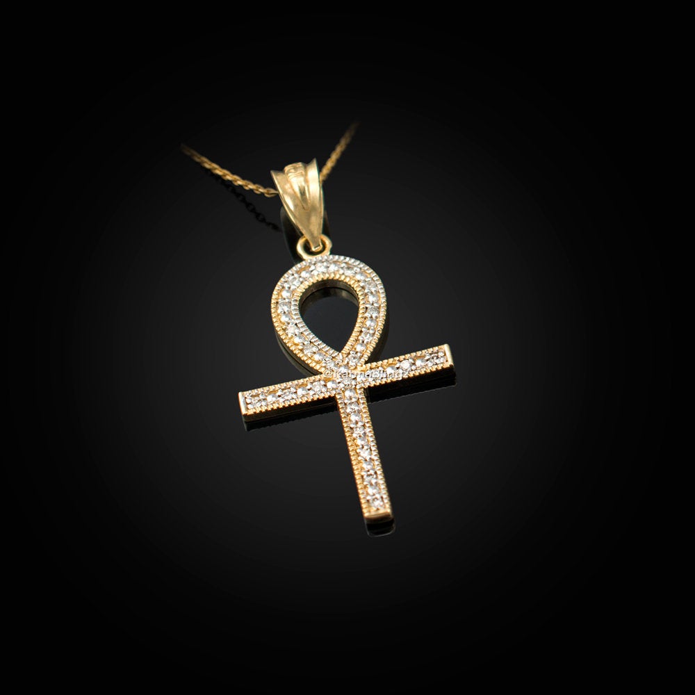 Gold Egyptian Ankh Cross Diamond Pendant Necklace (yellow, white, rose gold, 10k, 14k) Karma Blingz