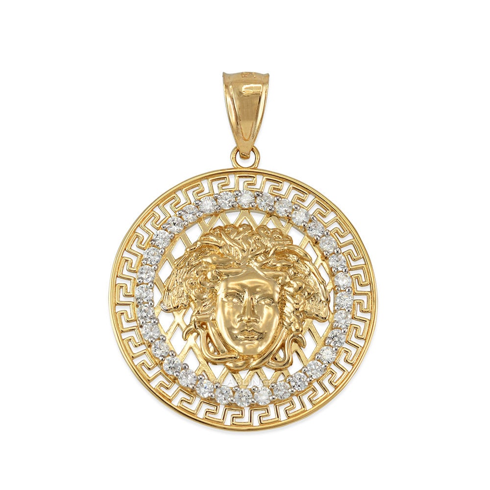 Gold Medusa CZ Medallion Pendant Necklace (yellow, white, rose gold, 10k, 14k) Karma Blingz
