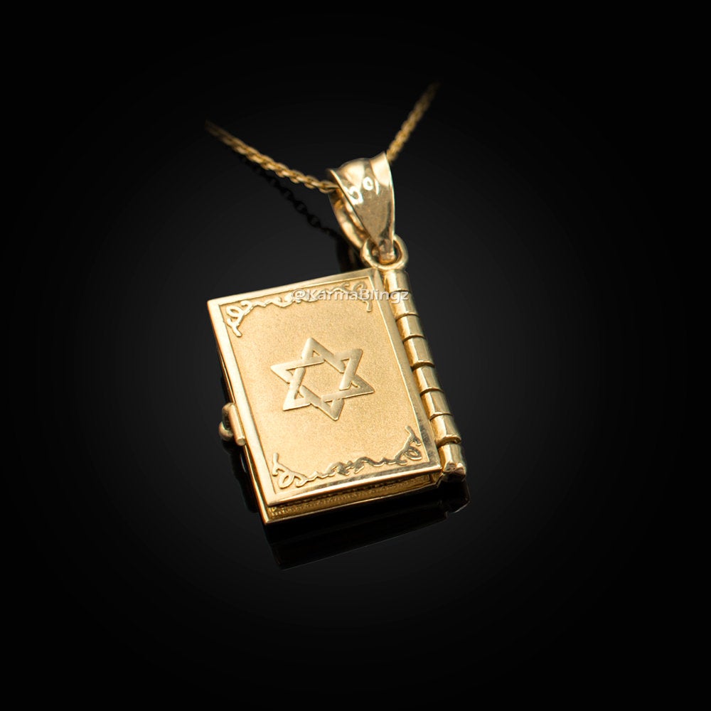Gold Judaic 10 Commandments Jewish Bible 3D Charm Necklace (yellow, white, rose gold, 10k, 14k, ) Karma Blingz