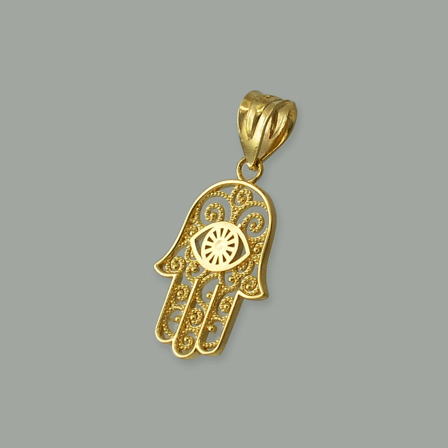 Gold Hamsa Evil Eye Filigree Charm Necklace (yellow, white, rose gold, 10K, 14K) Karma Blingz