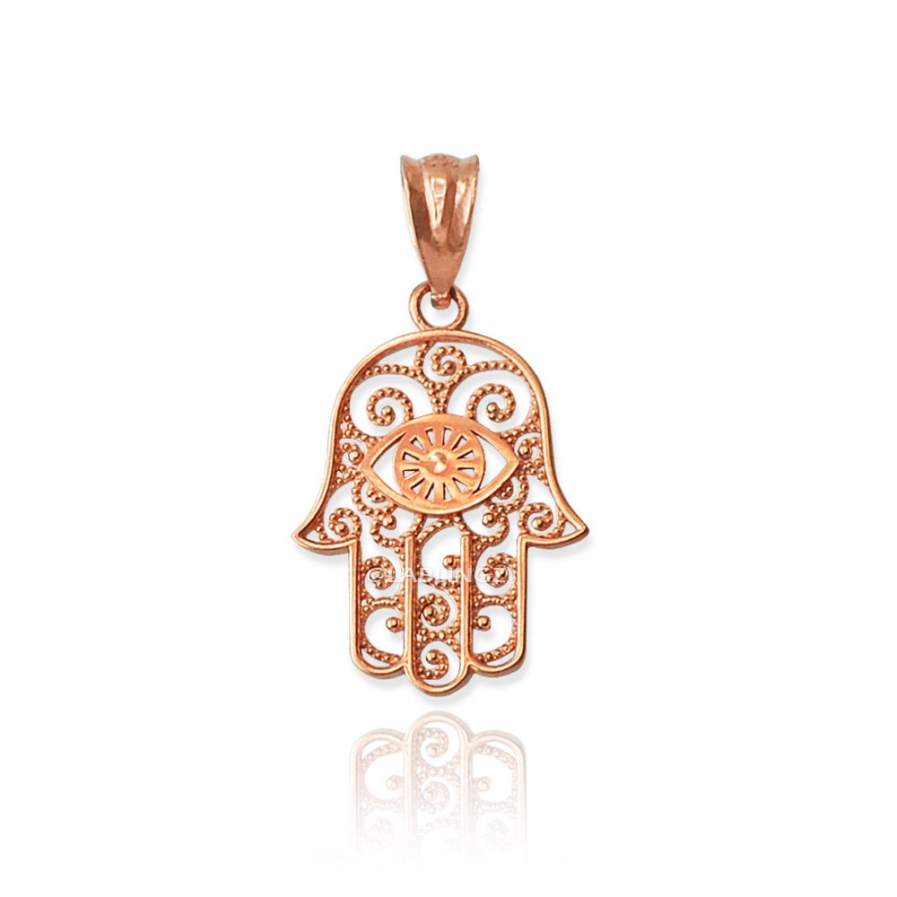 Gold Hamsa Evil Eye Filigree Charm Necklace (yellow, white, rose gold, 10K, 14K) Karma Blingz