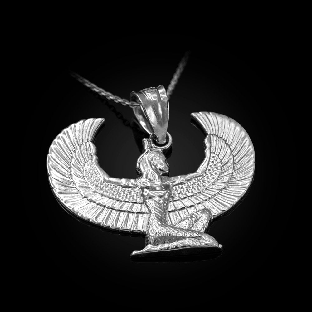 Gold Egyptian Isis Winged Goddess Pendant Necklace (yellow, white, rose gold, 10k, 14k) Karma Blingz