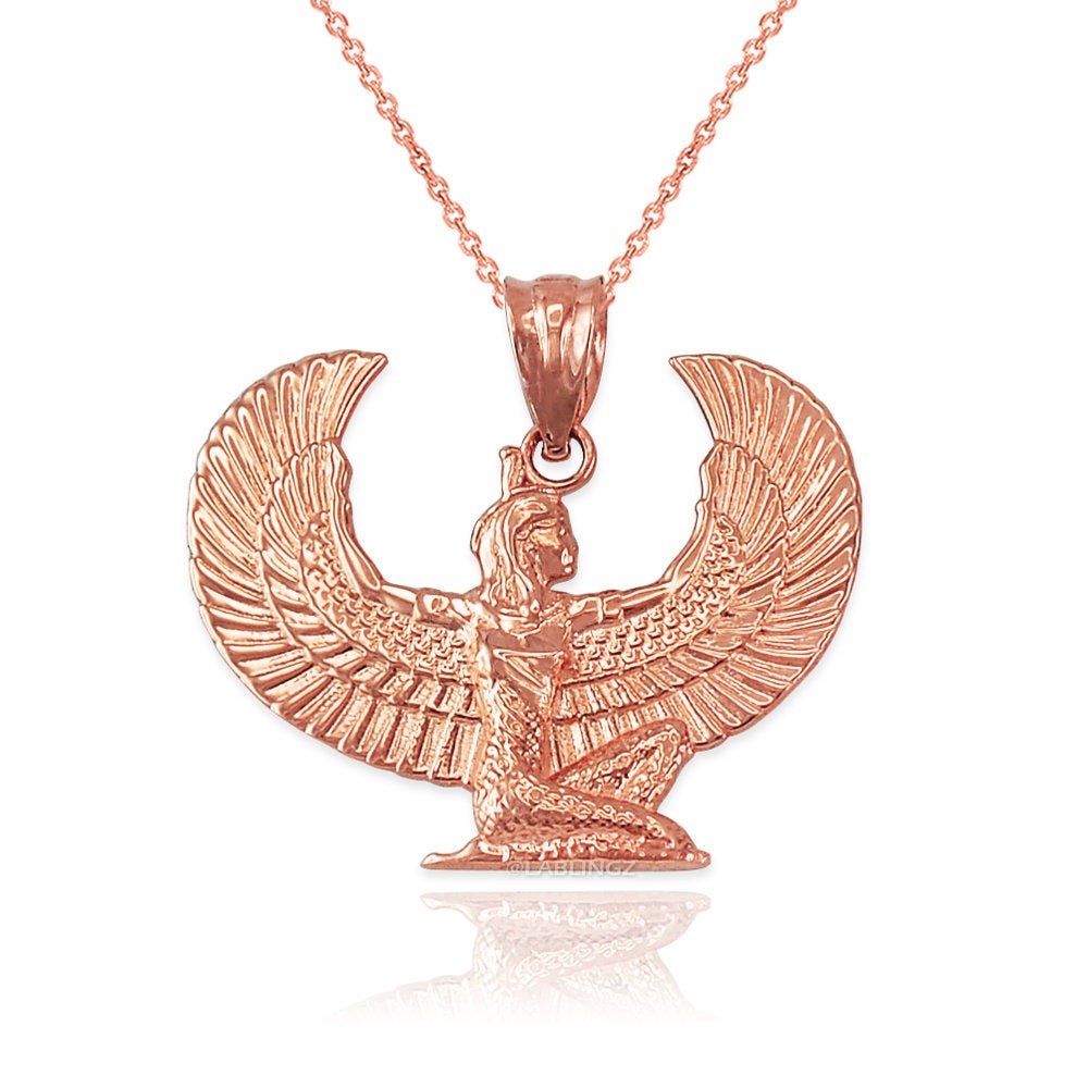Gold Egyptian Isis Winged Goddess Pendant Necklace (yellow, white, rose gold, 10k, 14k) Karma Blingz