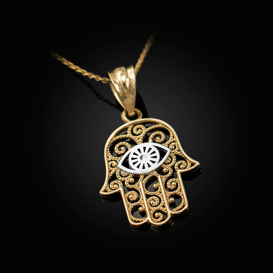 Gold Hamsa Evil Eye Filigree Charm Necklace (yellow, white, rose gold, 10K, 14K) Karma Blingz