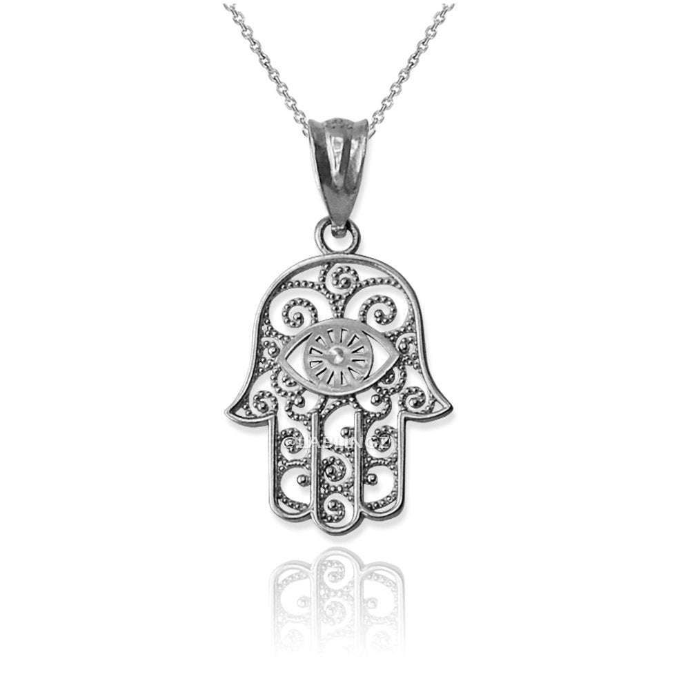 Gold Hamsa Evil Eye Filigree Charm Necklace (yellow, white, rose gold, 10K, 14K) Karma Blingz